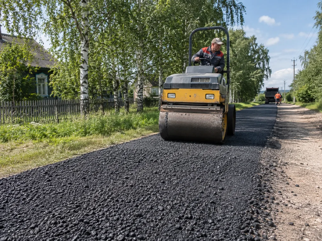 Каток укатывает асфальтовую крошку на сельской дороге